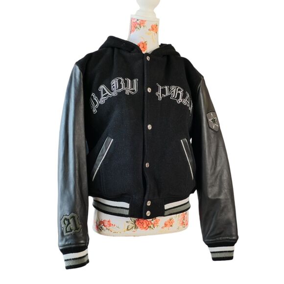 Baby Phat Sz L Vintage Y2k Bomber Jacket Hooded Spell Out Lamb Leather Sleeves - Picture 2 of 16